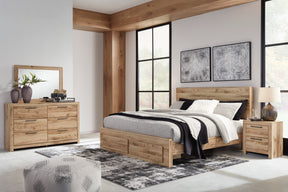Hyanna Tan Brown Queen Panel Storage Bed w/ Fb Storage, Dresser, Mirror and 2 Nightstands - Ornate Home