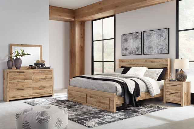 Hyanna Tan Brown Queen Panel Storage Bed w/ Fb Storage, Dresser, Mirror and 2 Nightstands - Ornate Home