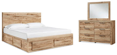 Hyanna Tan Brown Queen Panel Storage Bed w/ Side & Fb Storage, Dresser and Mirror - Ornate Home