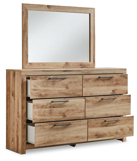 Hyanna Tan Brown King Panel Storage Bedroom Set with 1 Side Storage, Dresser and Mirror - Ornate Home