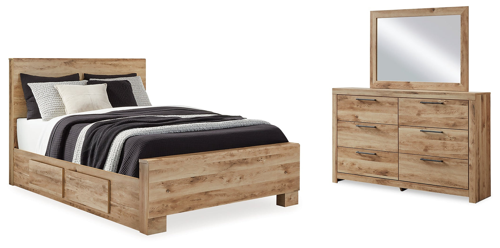 Hyanna Tan Brown Queen Panel Bedroom Set with 2 Side Storage, Dresser and Mirror (Online Special Price) - Ornate Home