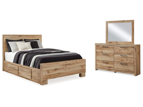 Hyanna Tan Brown Queen Panel Bedroom Set with 2 Side Storage, Dresser and Mirror - Ornate Home