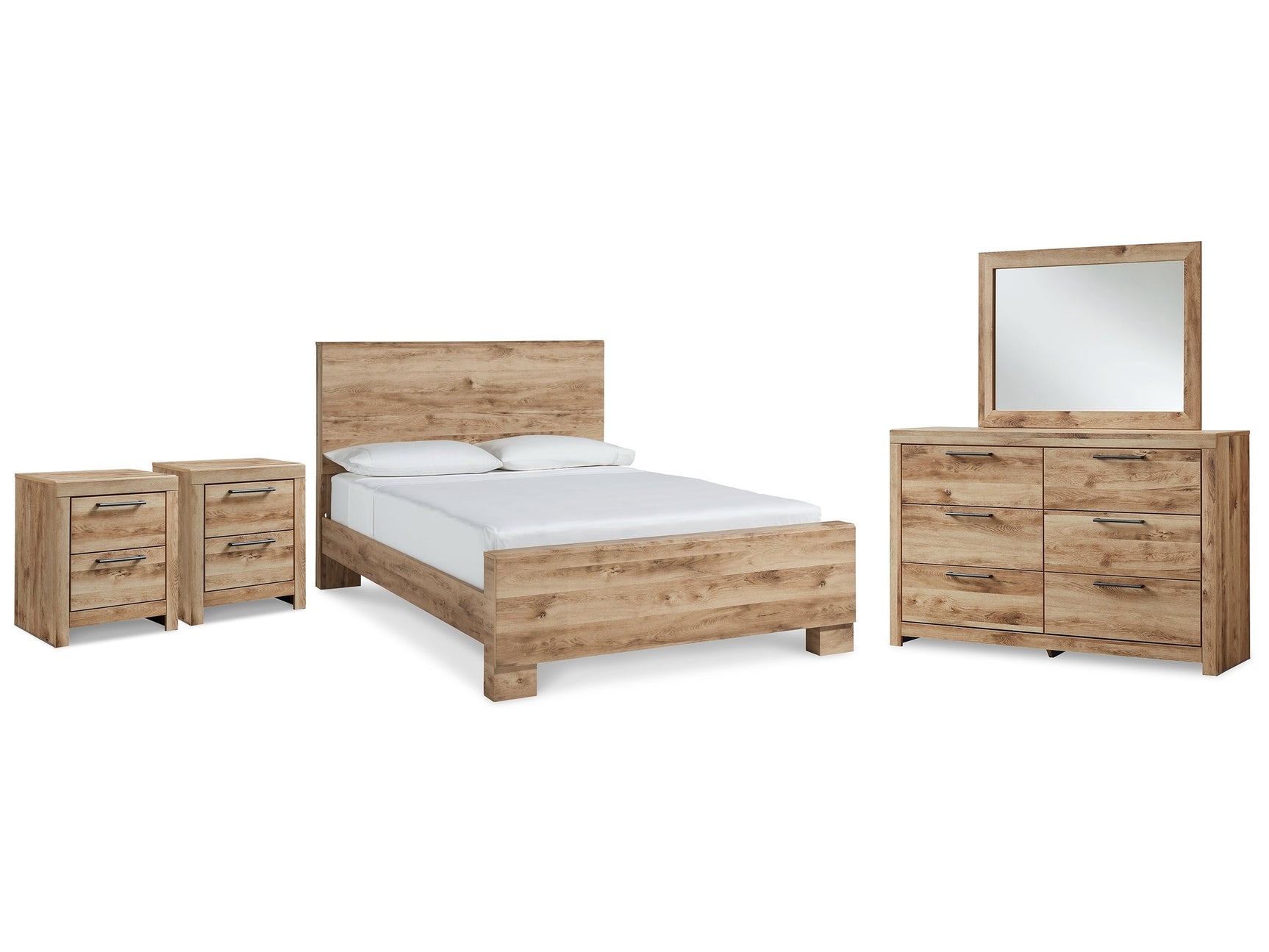 Hyanna Tan Brown Queen Panel Bedroom Set with Dresser, Mirror and 1 Nightstand - Ornate Home