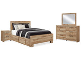 Hyanna Tan Brown Queen Panel Bedroom Set with Storage, Dresser, Mirror and Nightstand - Ornate Home