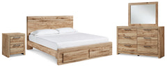 Hyanna Tan Brown Queen Panel Storage Bed, Dresser, Mirror and Nightstand - Ornate Home