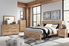 Hyanna Tan Brown Queen Panel Storage Bed w/ Fb Storage, Dresser, Mirror and 2 Nightstands - Ornate Home