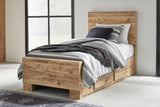 Hyanna Tan Brown Twin Panel Bed w/ 1 Side Storage, Dresser, Mirror, Chest and 2 Nightstands - Ornate Home