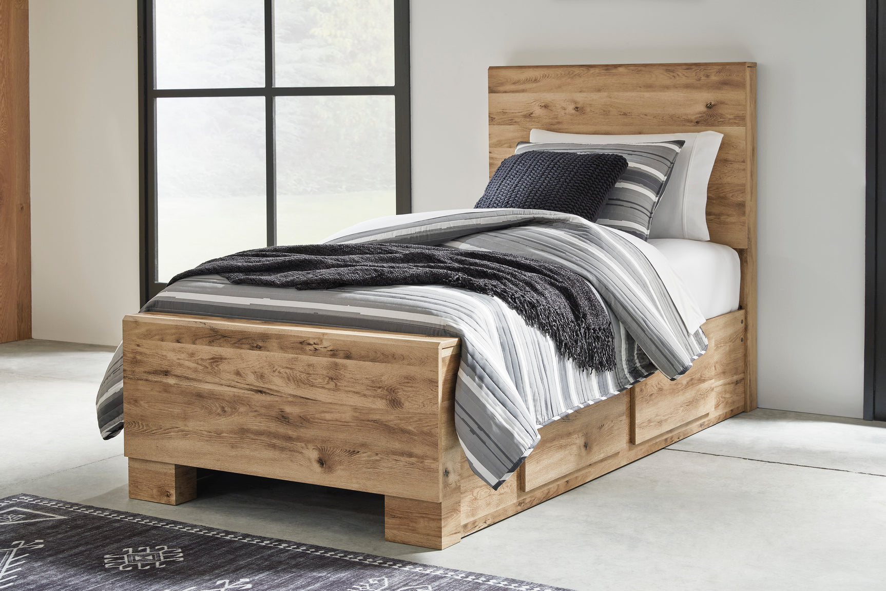 Hyanna Tan Brown Twin Panel Bed w/ 1 Side Storage, Dresser, Mirror, Chest and 2 Nightstands - Ornate Home