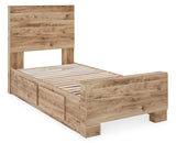 Hyanna Tan Brown Twin Panel Bed w/ 1 Side Storage, Dresser, Mirror, Chest and 2 Nightstands - Ornate Home