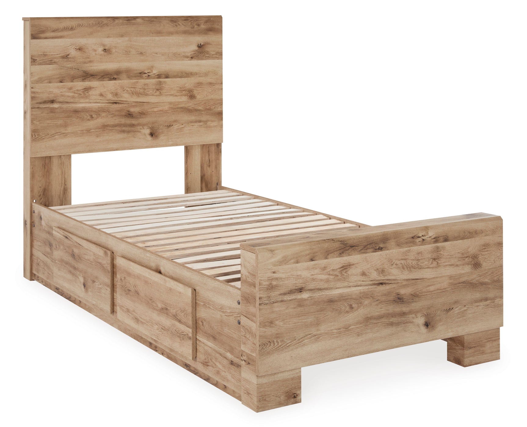 Hyanna Tan Brown Twin Panel Bed w/ 1 Side Storage, Dresser, Mirror, Chest and 2 Nightstands - Ornate Home