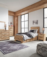 Hyanna Tan Brown Twin Panel Bed w/ 1 Side Storage, Dresser, Mirror, Chest and 2 Nightstands - Ornate Home