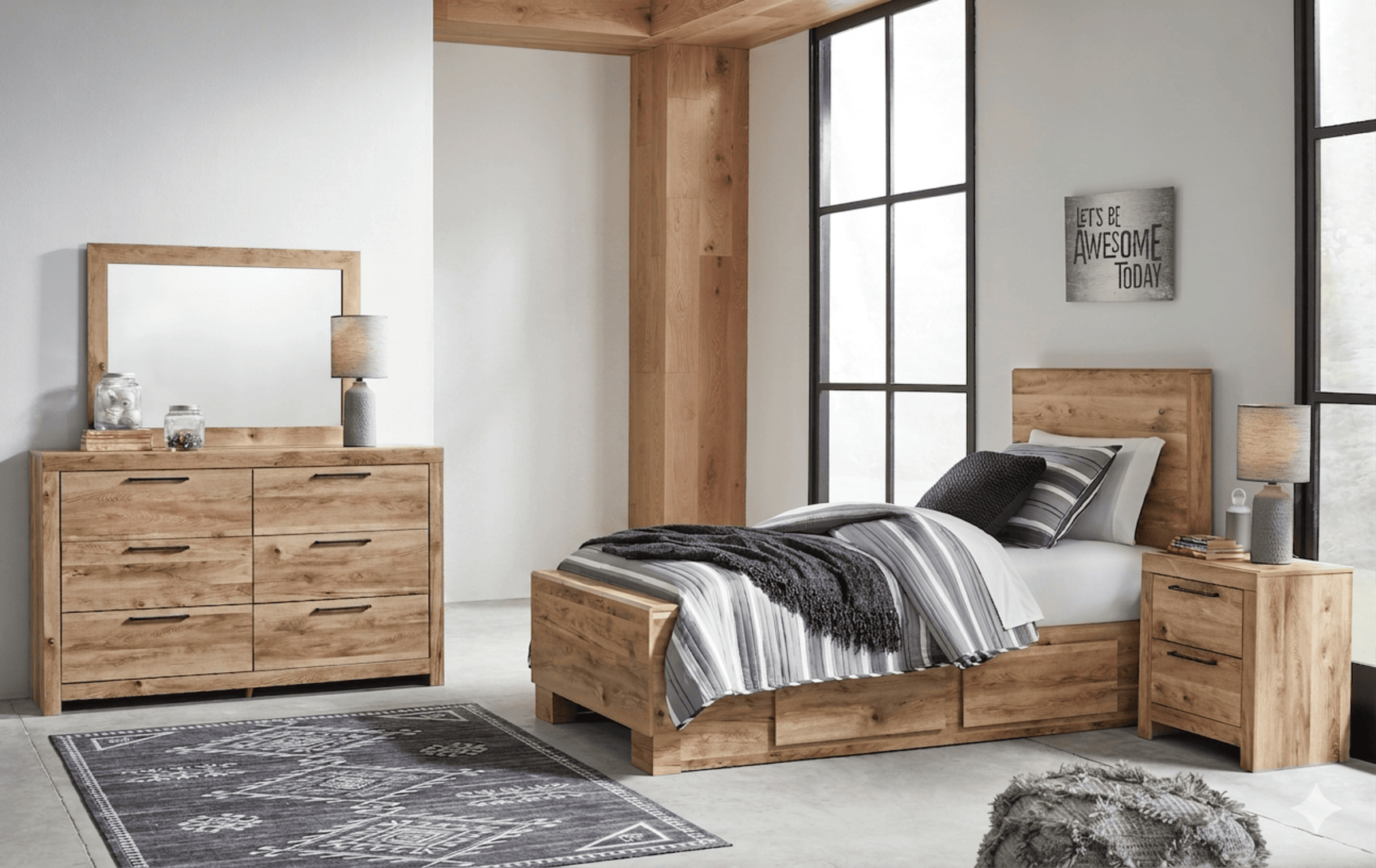 Hyanna Tan Brown Twin Panel Bed w/ 1 Side Storage, Dresser, Mirror, and Nightstand - Ornate Home