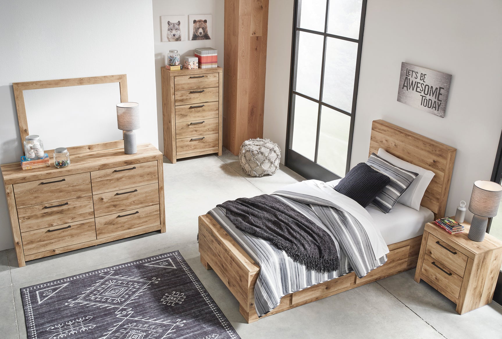 Hyanna Tan Brown Twin Panel Bed w/ 2 Side Storage, Dresser, Mirror and Nightstand - Ornate Home