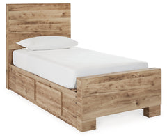 Hyanna Tan Brown Twin Panel Bedroom Set with 1 Side Storage, Dresser and Mirror - Ornate Home