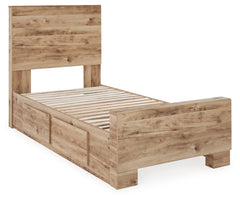 Hyanna Tan Brown Twin Panel Bedroom Set with 1 Side Storage, Dresser and Mirror - Ornate Home