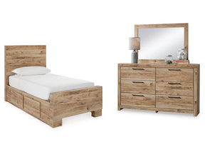 Hyanna Tan Brown Twin Panel Bedroom Set with 2 Side Storage, Dresser and Mirror (Online Special Price) - Ornate Home