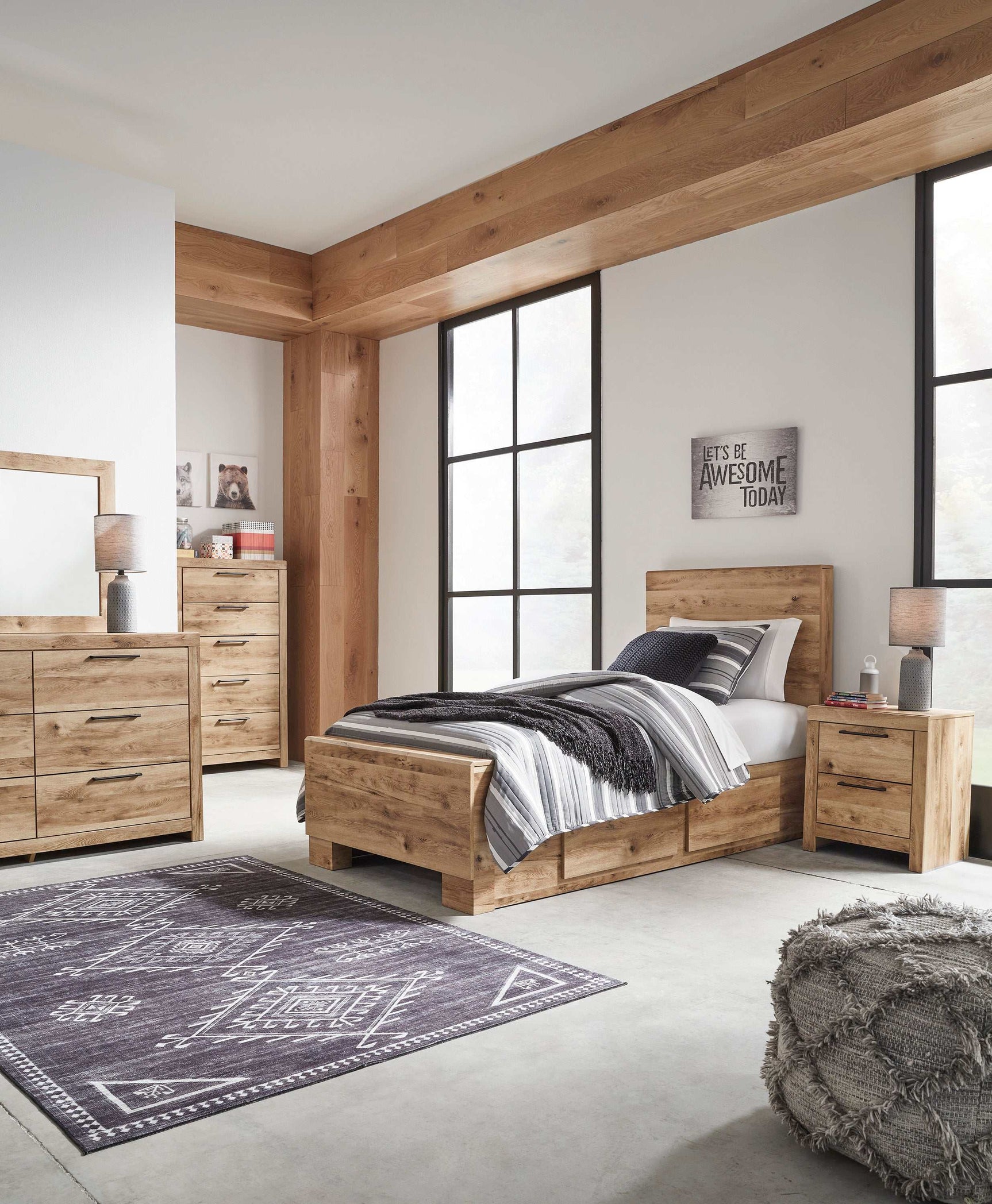 Hyanna Tan Brown Twin Youth Panel Bed with 1 Side Storage - Ornate Home
