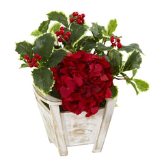 Hydrangea and Holly Leaf Artificial Arrangement in Chair Planter - Ornate Home