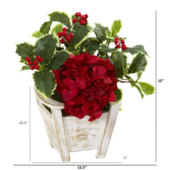 Hydrangea and Holly Leaf Artificial Arrangement in Chair Planter - Ornate Home