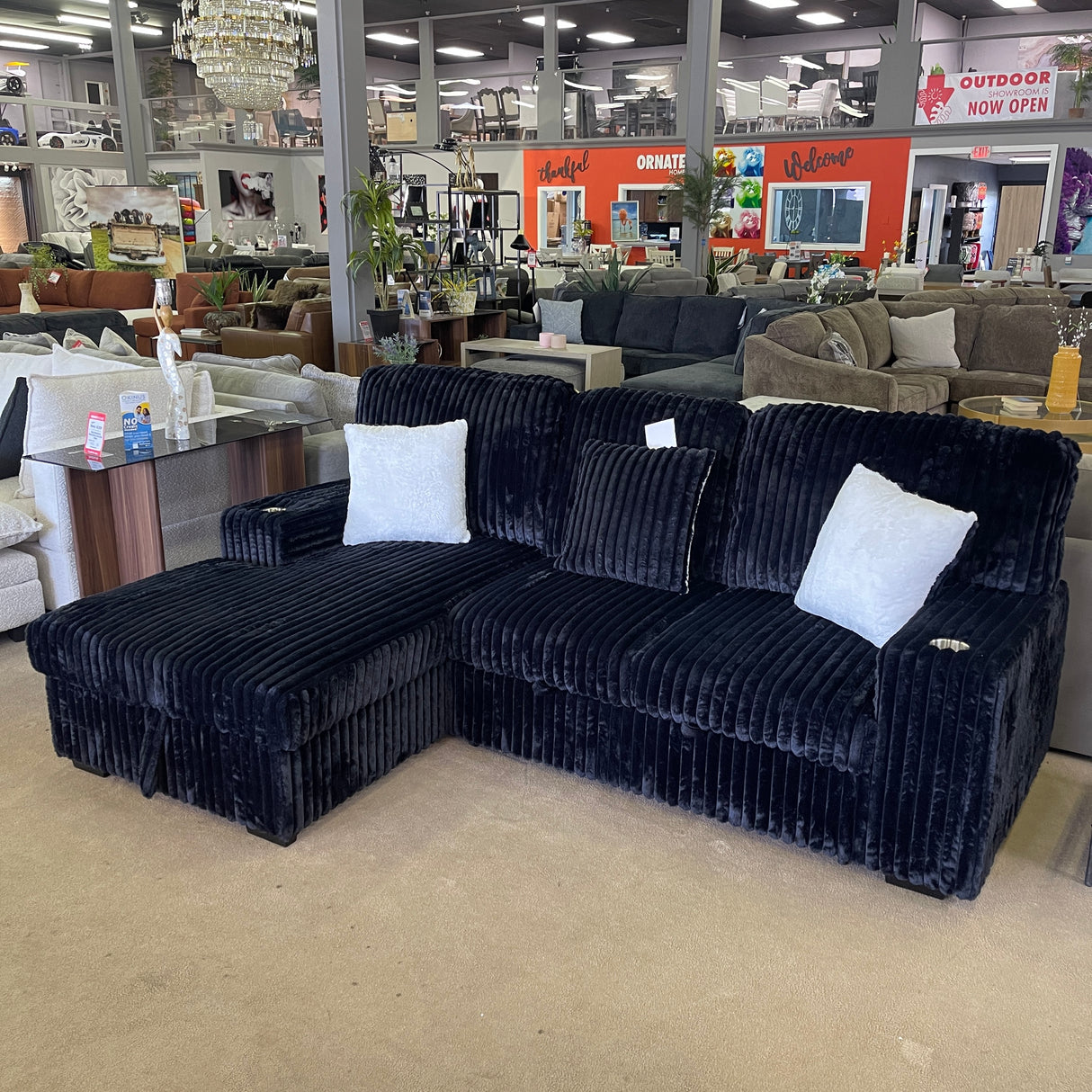 Venice Black Corduroy Storage Sleeper Sectional w/ Dual Cupholders & USB Ports - Ornate Home