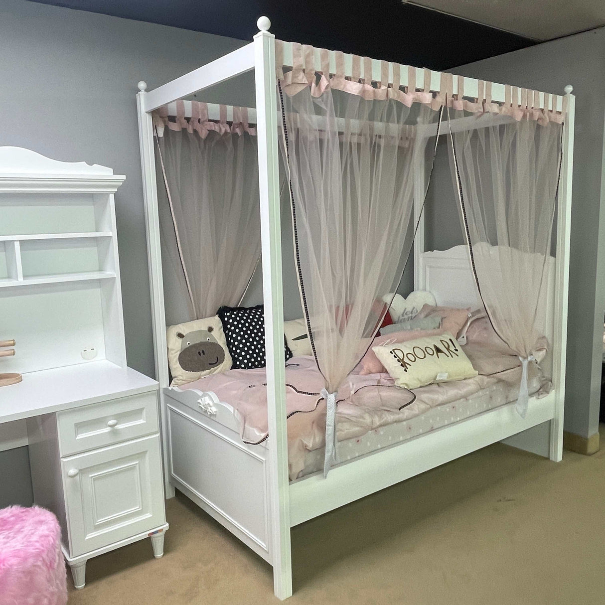 Lora White Canopy Teen Bed with Pink Mosquito Net Set - Ornate Home