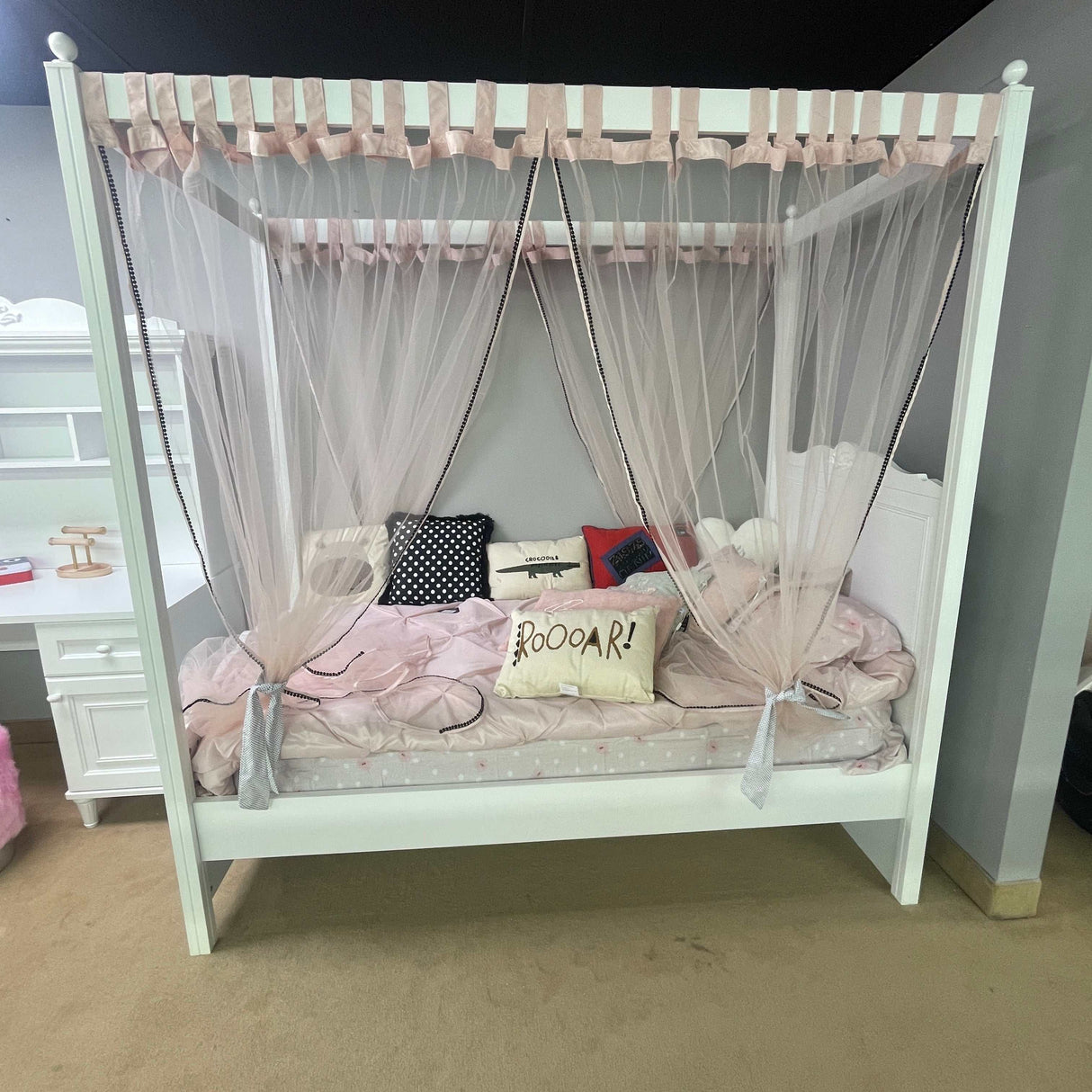 Lora White Canopy Teen Bed with Pink Mosquito Net Set - Ornate Home