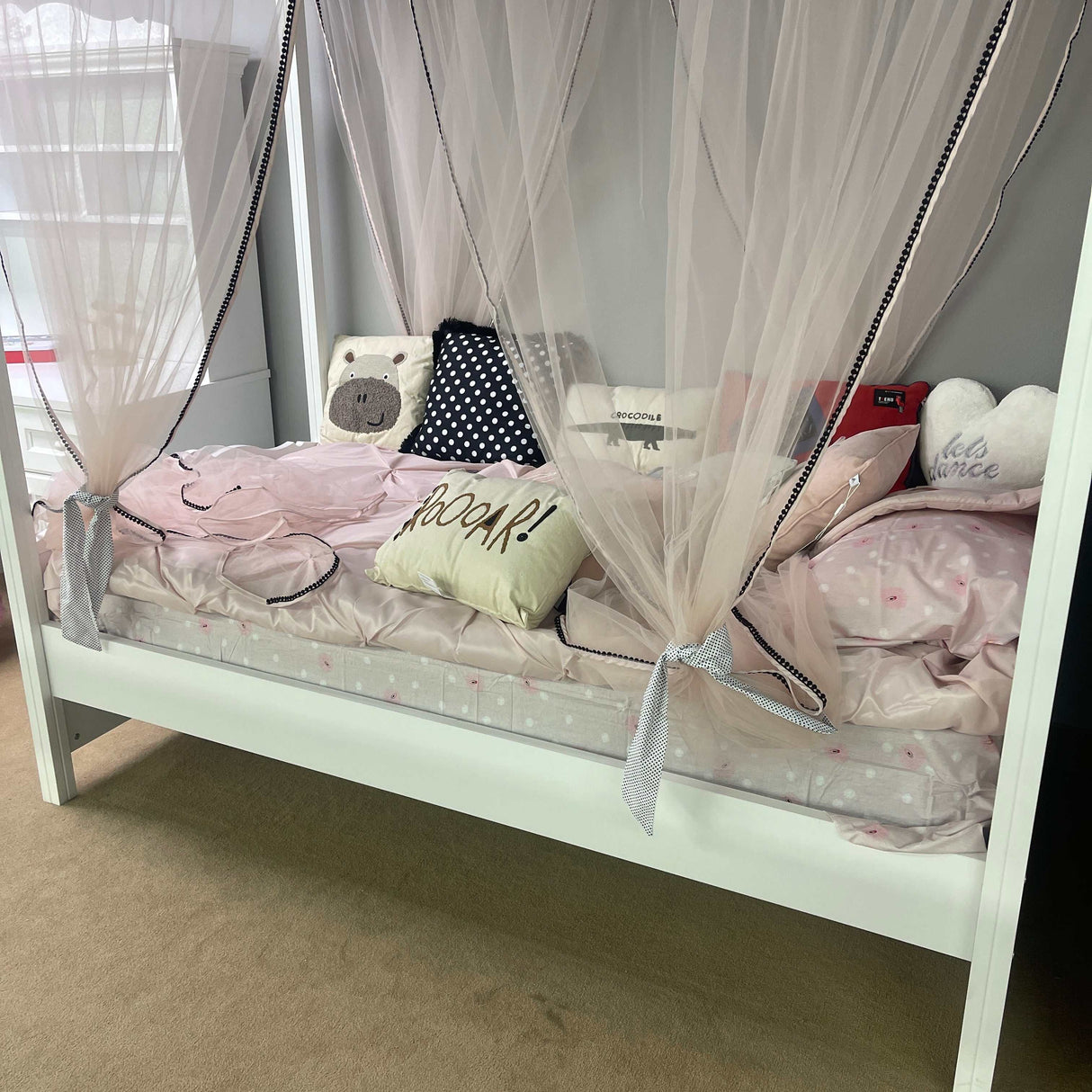 Lora White Canopy Teen Bed with Pink Mosquito Net Set - Ornate Home