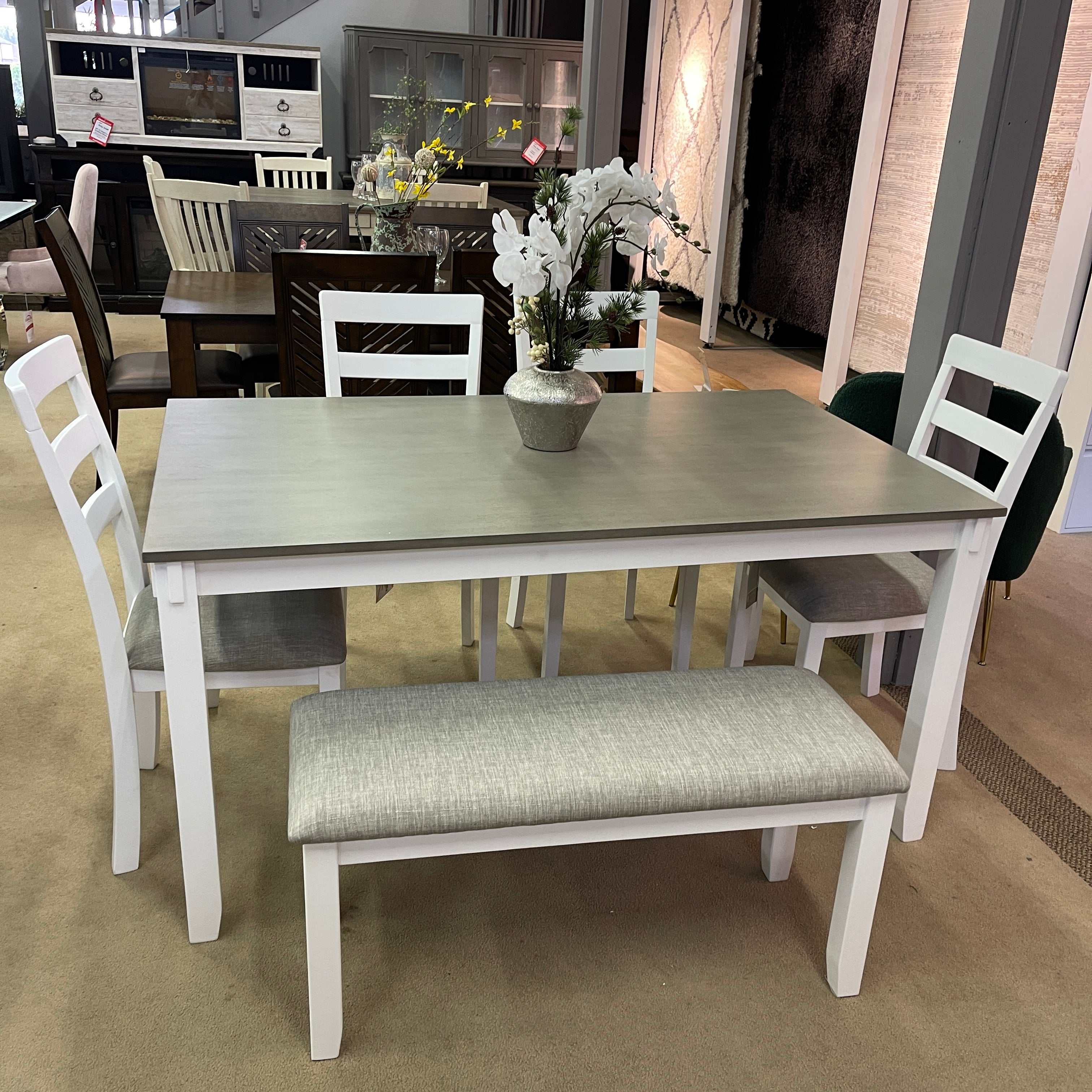 Stonehollow White & Gray Dining Room Set w/ Bench (Set of 6) - Ornate Home