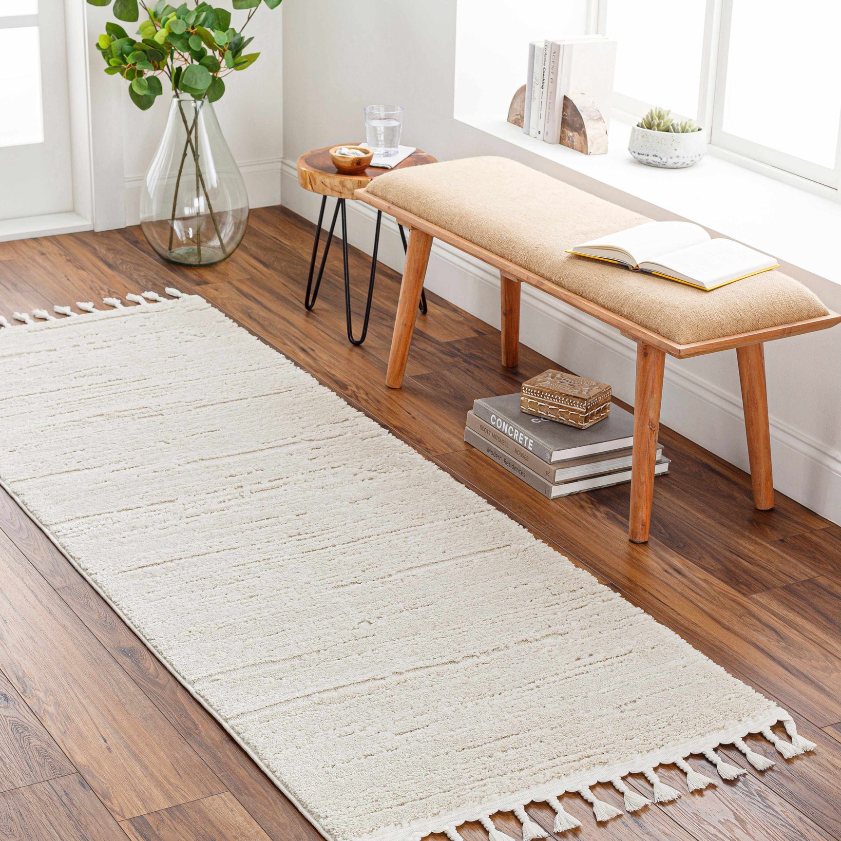Ibarra Textured Ivory High/Low Pile Rug with Tassels - Ornate Home
