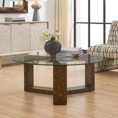 Ignis Brown/Woodtone Round Glass Coffee Table - Ornate Home