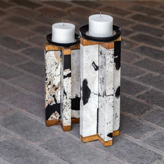 Illini Black/White/Woodtone Stone Candleholders (Set of 2) - Ornate Home