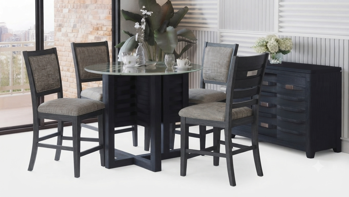 Altamonte Dark Charcoal Round Counter Dining Table w/ 4 Uph Stools