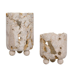 Indoor-Outdoor Quarried Stone Brown/White Candleholders (Set of 2) - Ornate Home