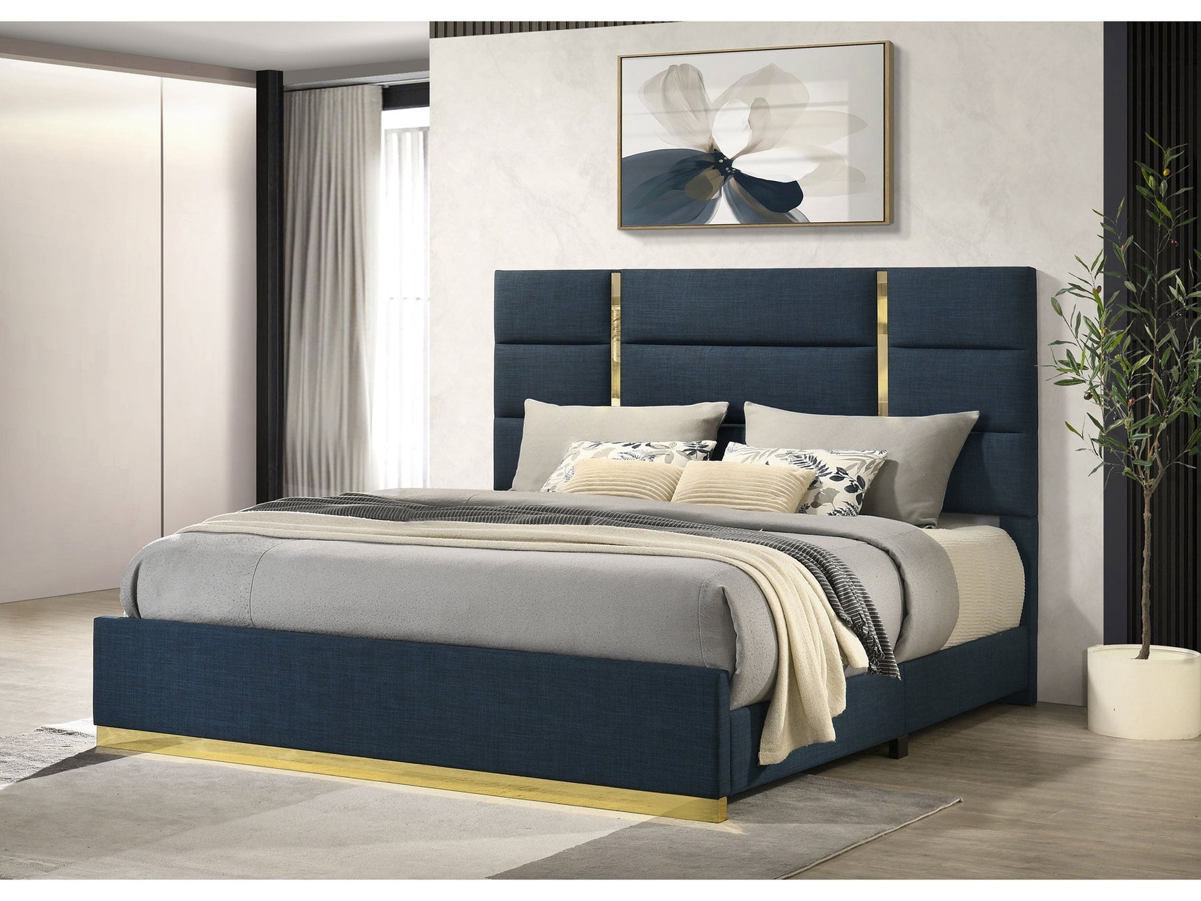 Ines Navy 52-inch Fabric Upholstered Queen Panel Bed - Ornate Home