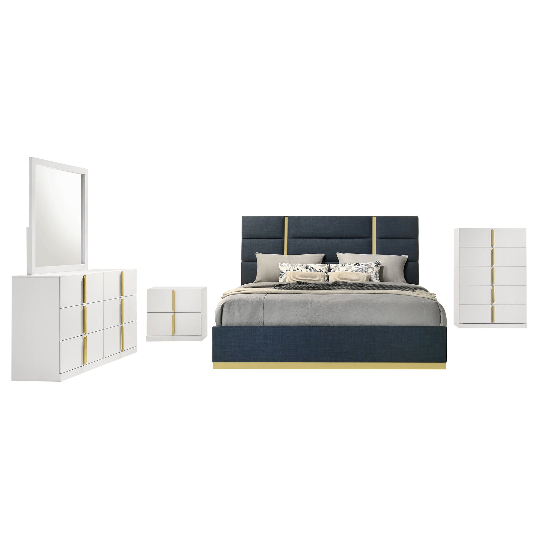Ines Navy/White High Gloss 5-piece Eastern King Bedroom Set - Ornate Home