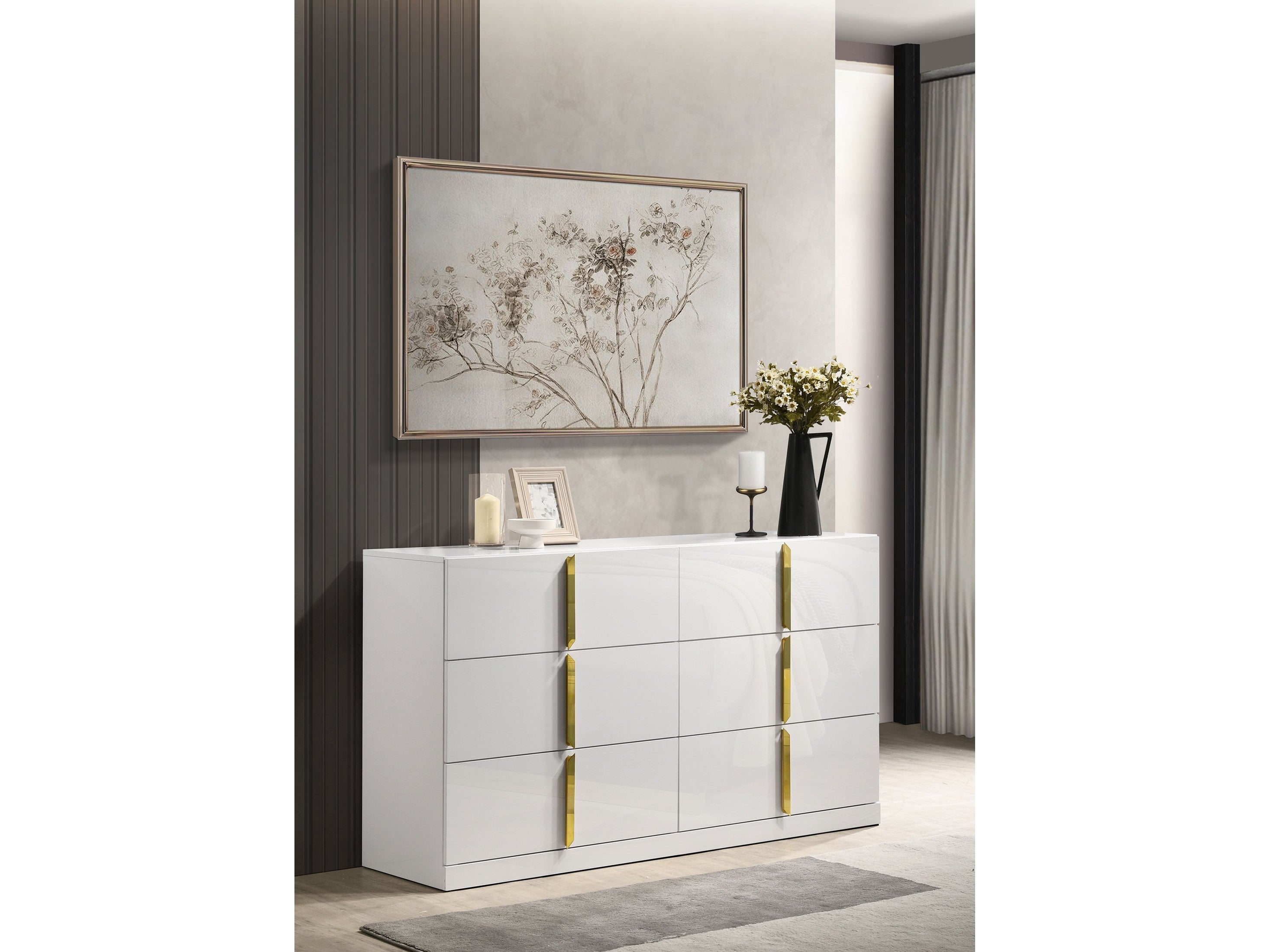 white high gloss dresser Polar Contemporary it can serve as a storage cabinet in the living room Ives 6-drawer Dresser Cabinet White