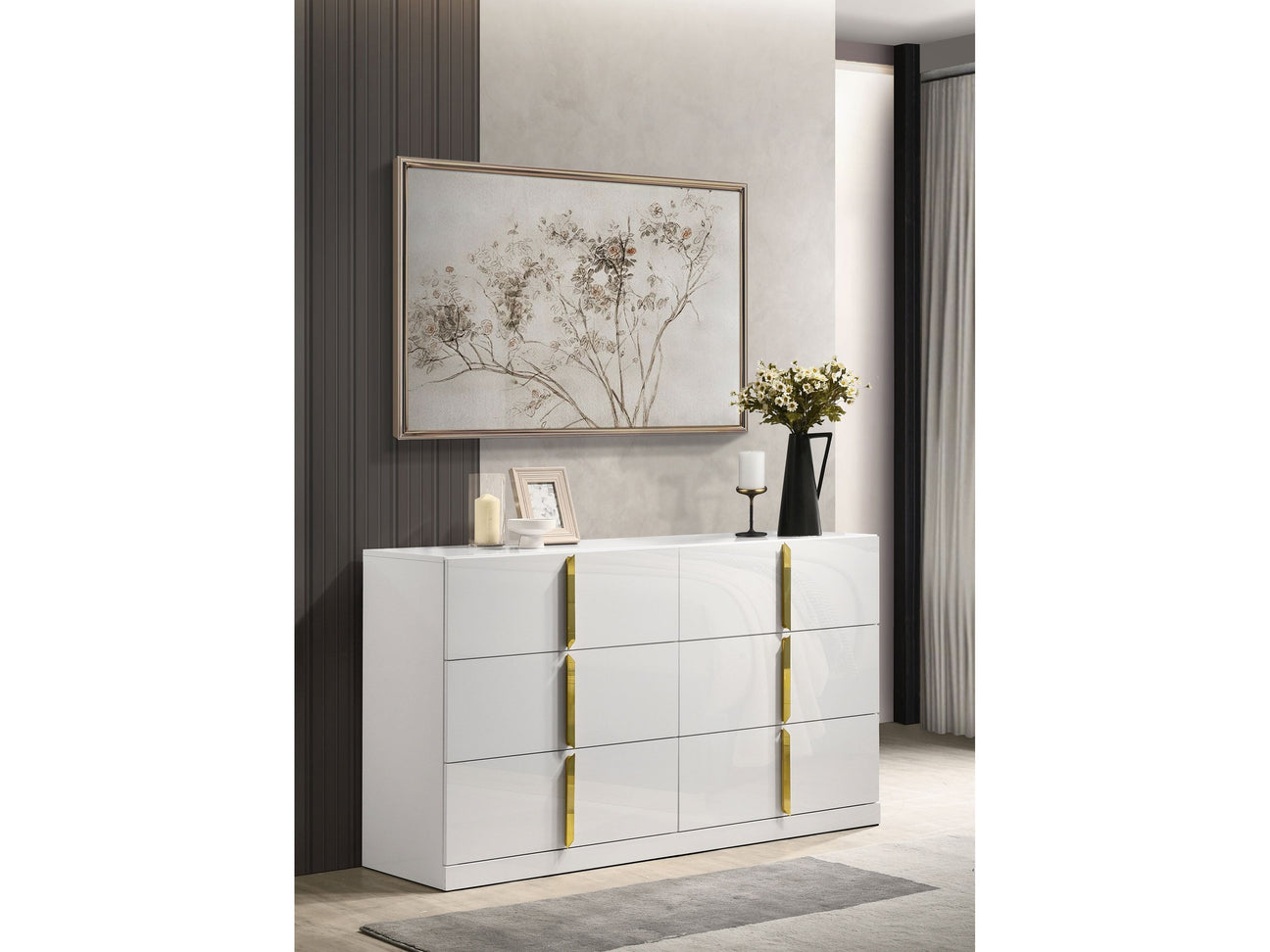 Ines White High Gloss 6-drawer Bedroom Dresser Cabinet - Ornate Home