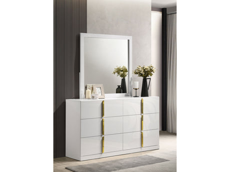 Ines White High Gloss 6-drawer Bedroom Dresser with Mirror - Ornate Home