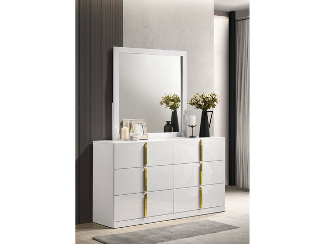 Ines White High Gloss 6-drawer Bedroom Dresser with Mirror - Ornate Home