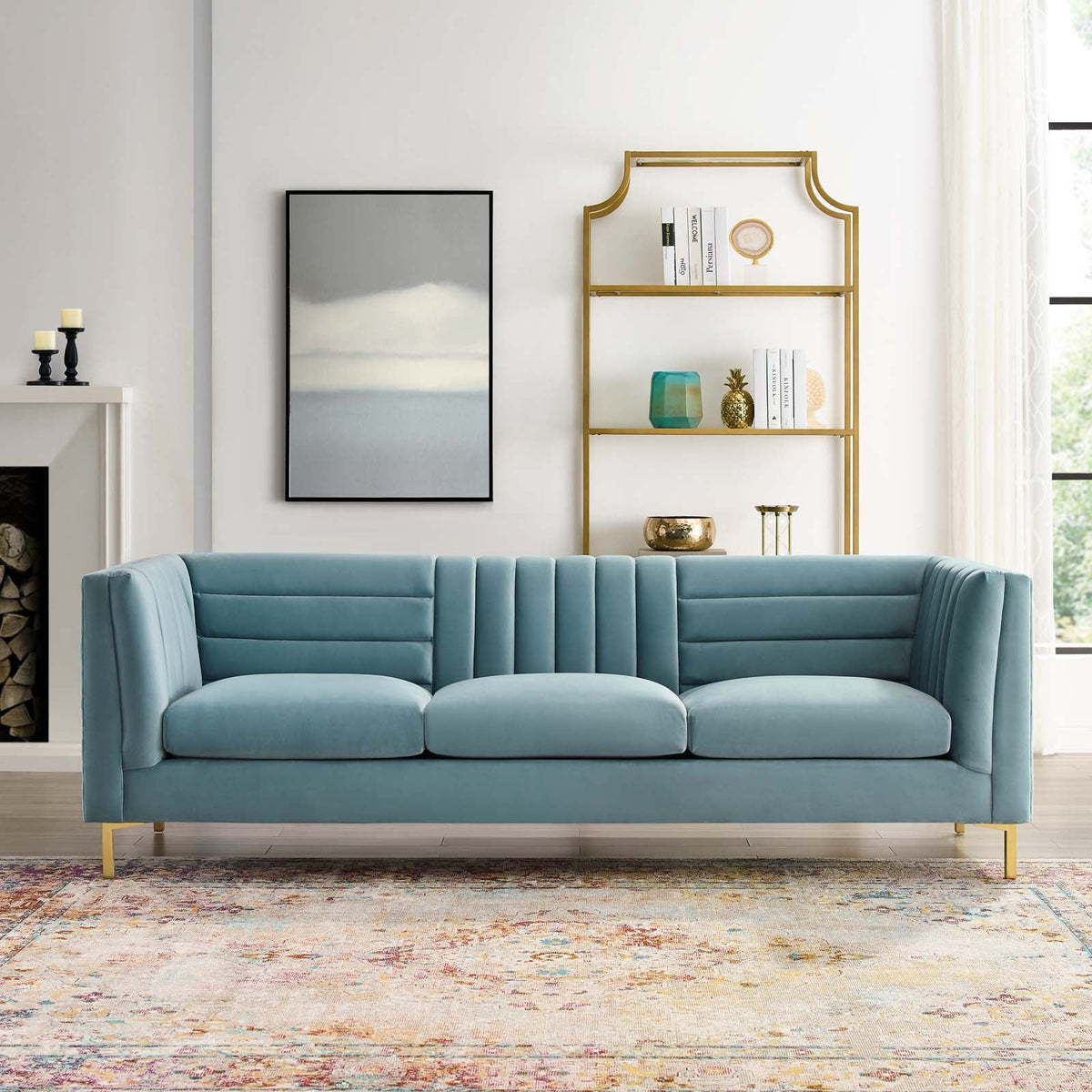 Ingenuity Light Blue Channel Tufted Performance Velvet Sofa - Ornate Home