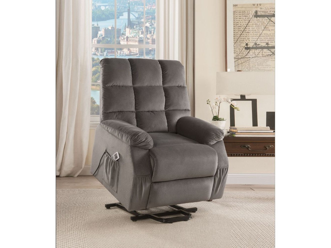 Ipompea Gray Velvet Recliner w/Power Lift & Massage - Ornate Home