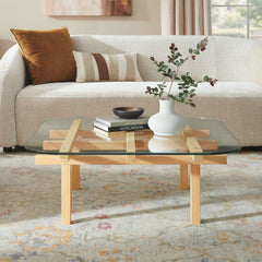 Isby Oak 35 Inch Tempered Glass Coffee Table - Ornate Home