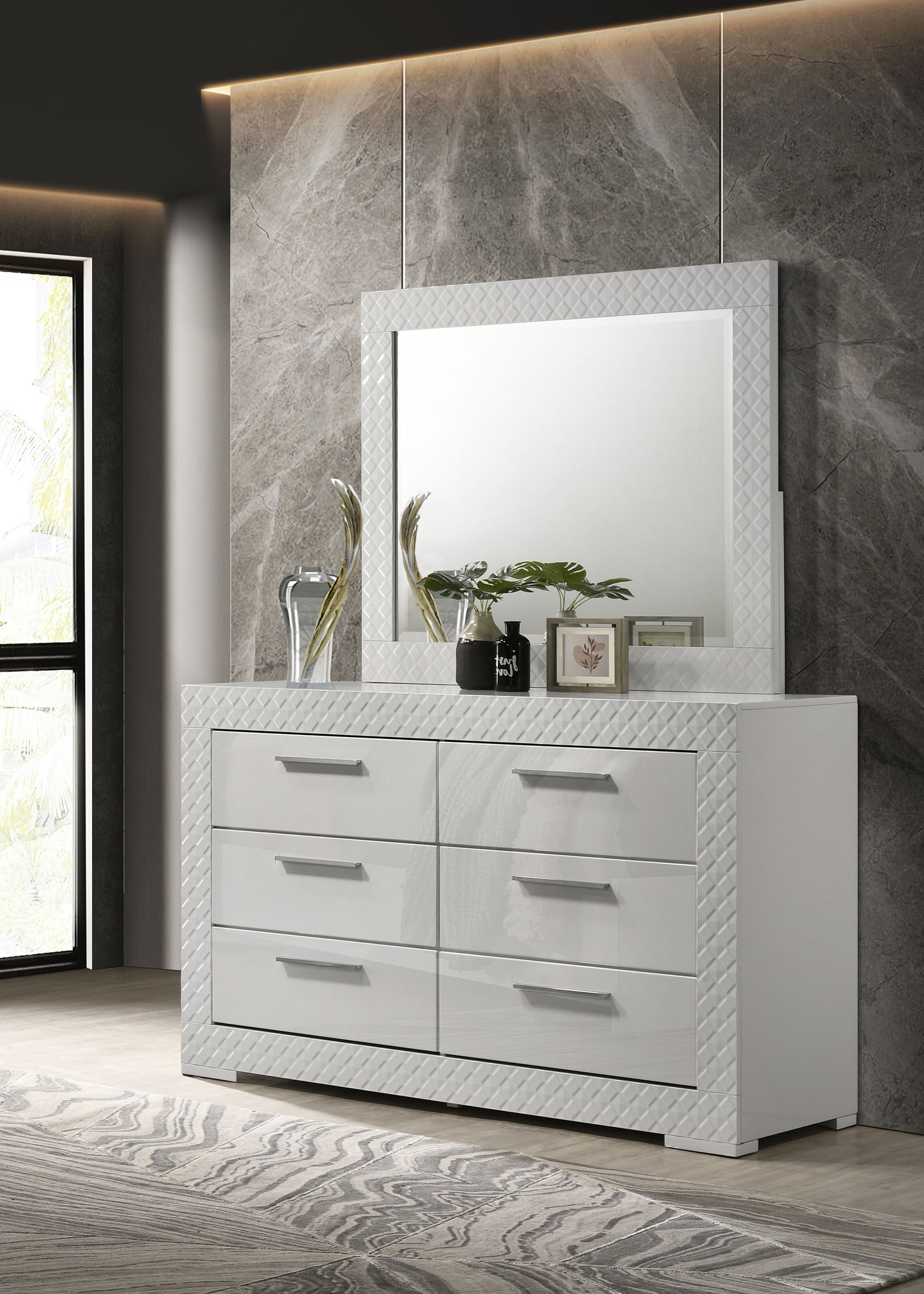 Ives White High Gloss Dresser and Mirror - Ornate Home