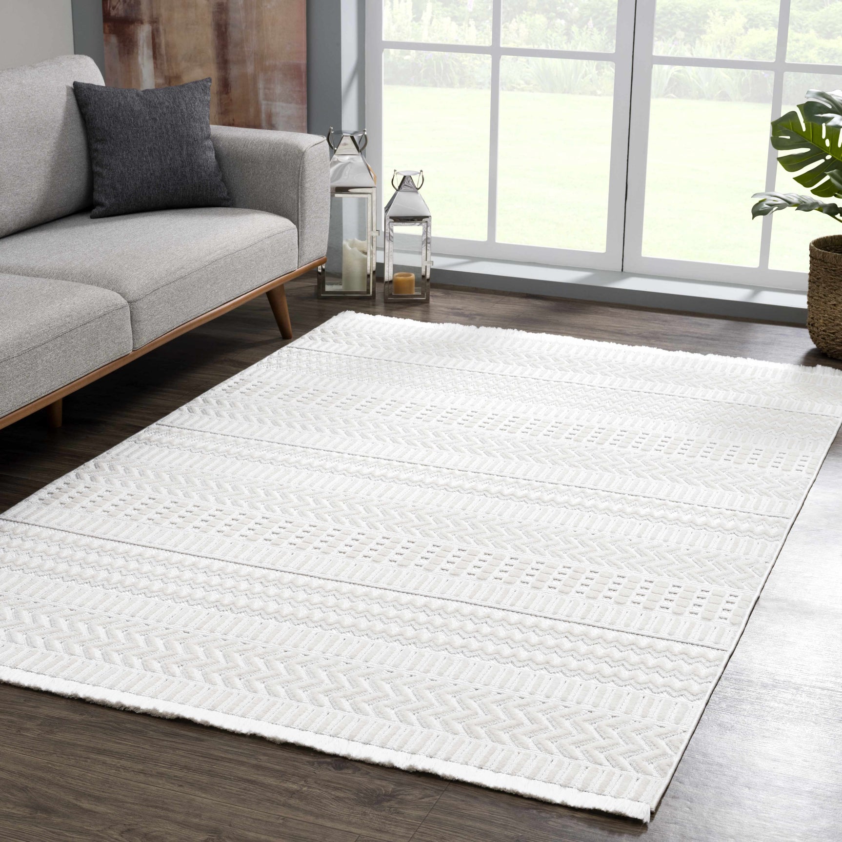 Ivory Cira Textured Trellis Fringe Area Rug - Clearance - Ornate Home