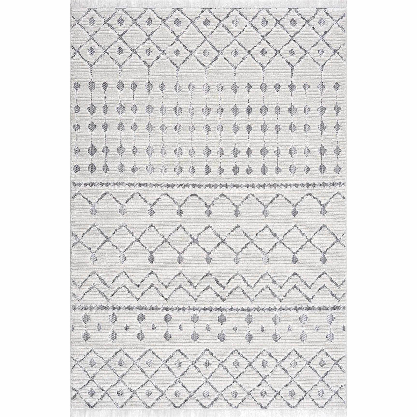 Ivory Gray Beil Textured Trellis Fringe Area Rug - Clearance - Ornate Home