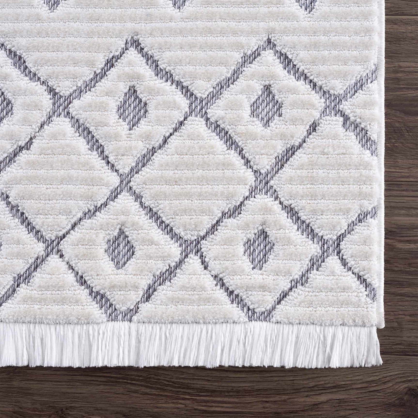 Ivory Gray Beil Textured Trellis Fringe Area Rug - Clearance - Ornate Home
