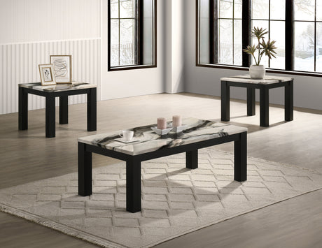 Ivy Black/Brown/White Faux Marble Top 3-Piece Cocktail Table Set - Ornate Home