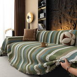 Cozy Decorative Throw Blanket for Couches, Boho Plush Woven Sofa Cover with Stripes