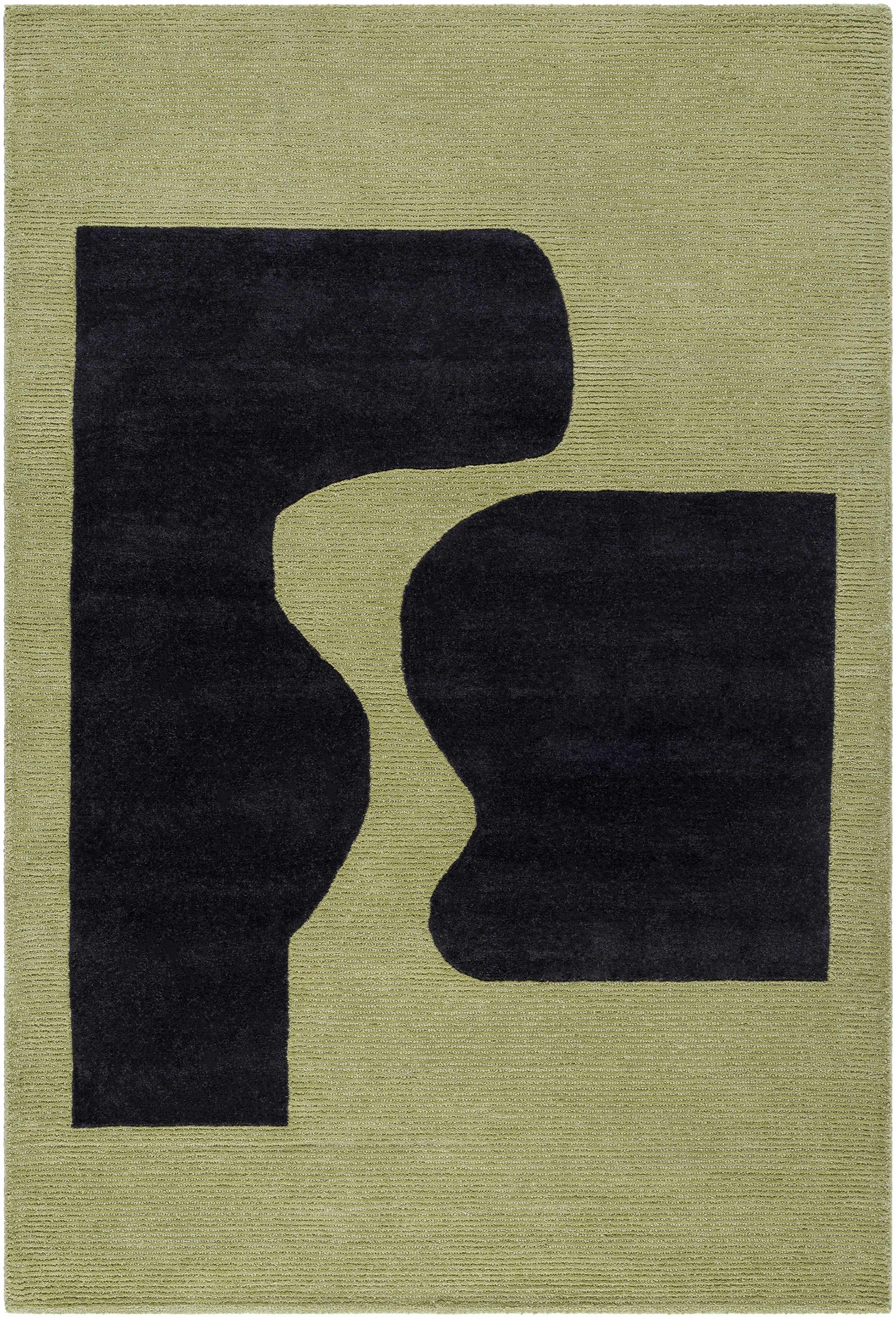 Arvok Olive Green Organic Block Art Deco Wool Handmade Area Rug - Clearance