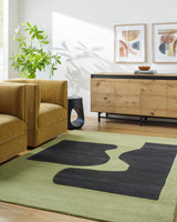 Arvok Olive Green Organic Block Art Deco Wool Handmade Area Rug - Clearance